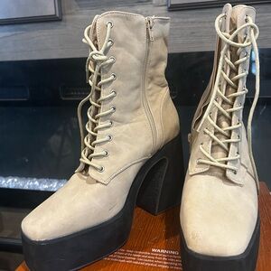 Beige Platform Lace-Up Ankle Boots